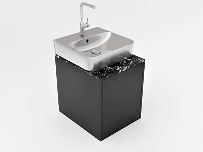 Modern Bathroom Vanity With Stainless Steel Sink Silver Faucet Black Marble Countertop And Black Cabinet 3d model