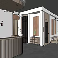 Traditional Tea Shop Interior With Wooden Counter Shelves Wall Sign And Plants