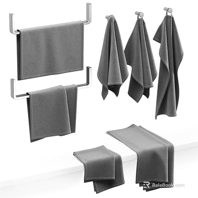 Soft Absorbent Cotton Towels Hanging On Metal Racks And Folded On Bathroom Countertop 3d model 