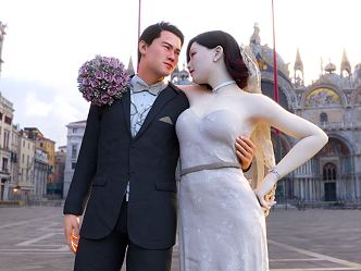 Modern Double Wedding Photo Wedding Newlyweds Bride and Groom 3d model