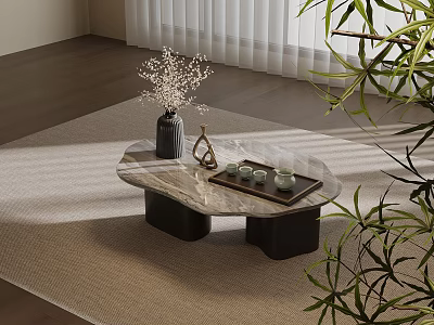 Modern Marble Top Coffee Table With Vase Dried Flowers Metal Decor And Tea Cups 3d model