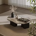 Modern Marble Top Coffee Table With Vase Dried Flowers Metal Decor And Tea Cups