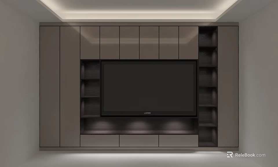 Modern TV Background Cabinet Interior With Gray Finish Built-in TV And Storage Shelves 3d model 