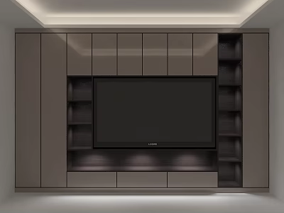 Modern TV Background Cabinet Interior With Gray Finish Built-in TV And Storage Shelves 3d model