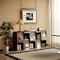 Cozy Living Room Interior With Wooden Bookshelf Framed Artwork Table Lamp And Green Plant Curtains