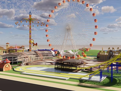 Amusement Park Landscape With Ferris Wheel Swing Ride Roller Coaster Green Lawns And Paths 3d model