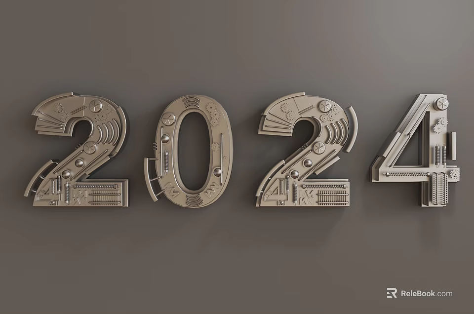 Metallic 2024 Numbers Wall Decor With Mechanical Gear Details On Gray Background Wall 3d model 