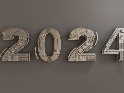Metallic 2024 Numbers Wall Decor With Mechanical Gear Details On Gray Background Wall 3d model