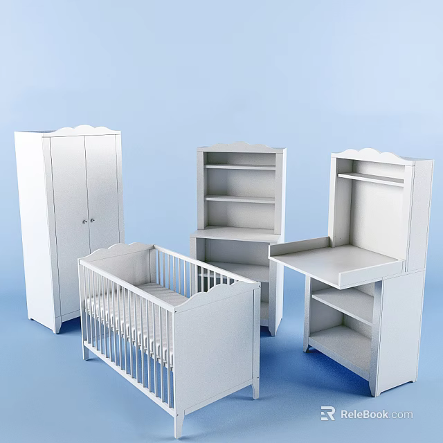 White Baby Crib With Matching Wardrobe Bookshelf Changing Table Nursery Furniture Set 3d model 