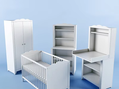 White Baby Crib With Matching Wardrobe Bookshelf Changing Table Nursery Furniture Set 3d model