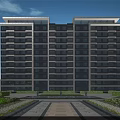 Modern High Rise Residential Building With Gray White Exterior And Green Landscaping