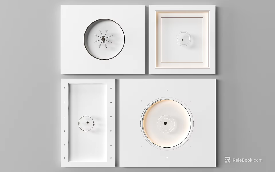 Modern White Ceiling Panels Featuring Different Decorative Designs And Embedded Lights 3d model