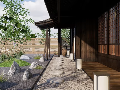 Karesansui Japanese Rock Garden Design With Wooden Veranda Stepping Stone Path And Stone Lanterns 3d model