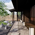 Karesansui Japanese Rock Garden Design With Wooden Veranda Stepping Stone Path And Stone Lanterns
