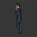 Animated Cartoon Character Man In Blue Suit With Red Shoes Thinking Pose On Gray Background
