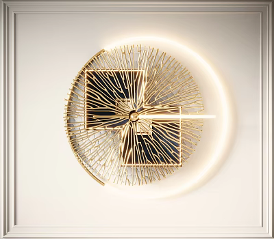 Golden Circular Wall Decor With Black Geometric Pattern Radiating Lines And Illuminated Ring 3d model