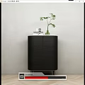 Modern Black Sideboard with Wood Grain Texture Metal Legs Green Vase Plant and Books