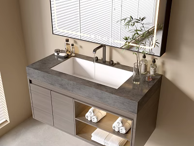 Modern Bathroom Vanity Cabinet With Gray Countertop White Sink Mirror And Towels 3d model