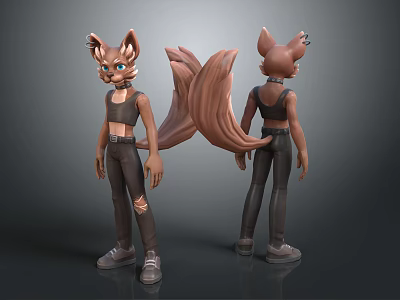 Anthropomorphic Fox Character Design With Crop Top Ripped Pants And Sneakers Front Back View 3d model