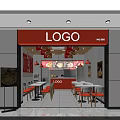 Orange Restaurant Facade With Logo Signage And Interior Tables Chairs Design