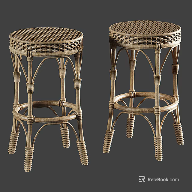 Rattan Bar Stools With Round Handwoven Seat And Crossed Wooden Legs 3d model 