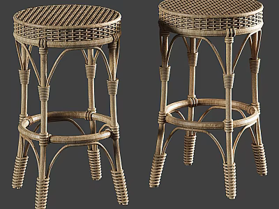 Rattan Bar Stools With Round Handwoven Seat And Crossed Wooden Legs 3d model