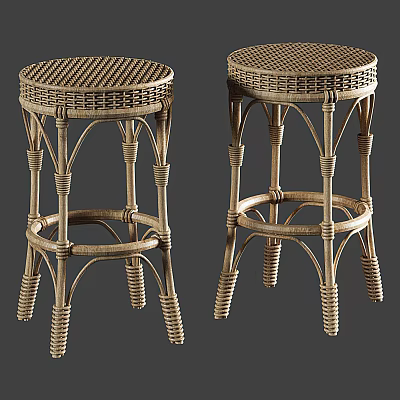 Rattan Bar Stools With Round Handwoven Seat And Crossed Wooden Legs 3d model