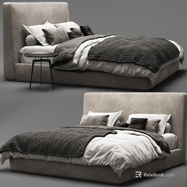 Modern Double Bed With Upholstered Headboard Gray White Bedding And Dark Throw Pillows 3d model