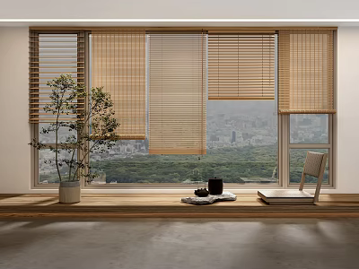 Bamboo Blinds in Modern Indoor Space With City View Green Trees and Potted Plant Chair 3d model