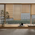 Bamboo Blinds in Modern Indoor Space With City View Green Trees and Potted Plant Chair
