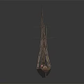 Wooden Ship Model Display with Intricate Masts Rigging on Dark Reflective Surface
