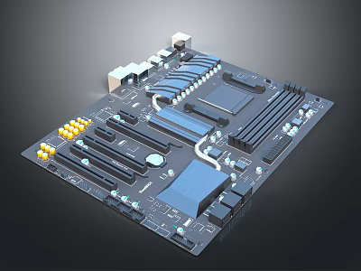 High Performance Computer Motherboard With Expansion Slots Chips And Cooling Heatsinks 3d model