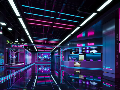 Modern Cinema Hall Interior Design With Neon Lights Reflective Floor And Screen Displays 3d model