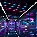 Modern Cinema Hall Interior Design With Neon Lights Reflective Floor And Screen Displays