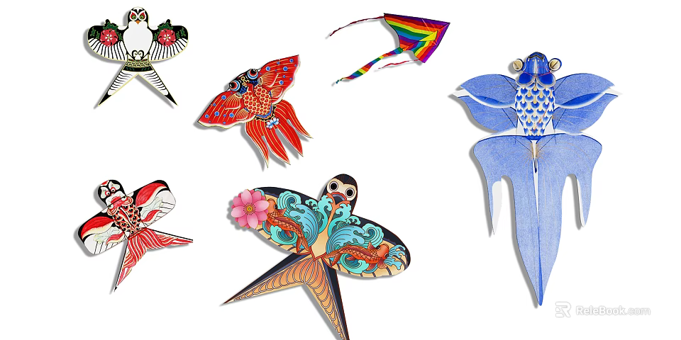 Colorful Traditional Kites With Various Shapes Like Owl Fish And Frog Designs 3d model 
