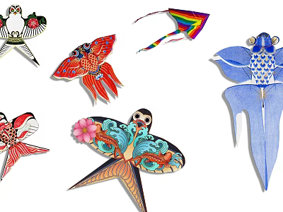 Colorful Traditional Kites With Various Shapes Like Owl Fish And Frog Designs 3d model