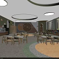Kindergarten Interior Design With Circular Ceiling Lights Colorful Floor Wooden Tables Bookshelves And Decorative Wall