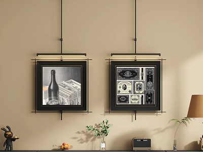 Abstract Paintings Hanging On Beige Wall With Modern Black Frames And Decorative Elements 3d model