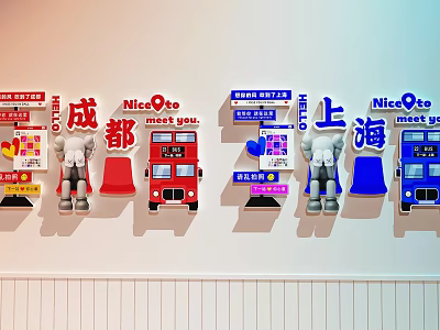 Background Wall With Chengdu Shanghai City Names Nice to Meet You Cartoon Buses And Elephant 3d model
