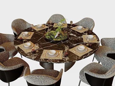 Modern Round Dining Table Set With Marble Top Chairs Placemats And Green Centerpiece 3d model