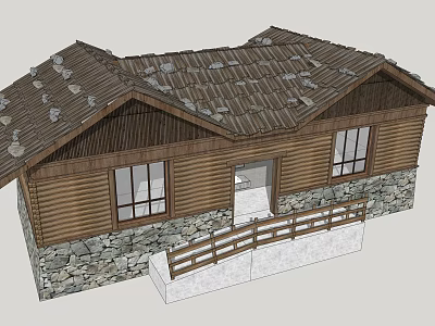 Wooden House Exterior With Stone Walls Roof Windows And Entry Railing 3d model