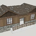 Wooden House Exterior With Stone Walls Roof Windows And Entry Railing