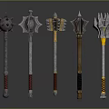 Five Different Designed Metal Hammers With Decorative Handles And Unique Metallic Heads