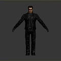 Male Figure Wearing Black Leather Jacket Pants Gloves Standing With Arms Outstretched On Gray Background