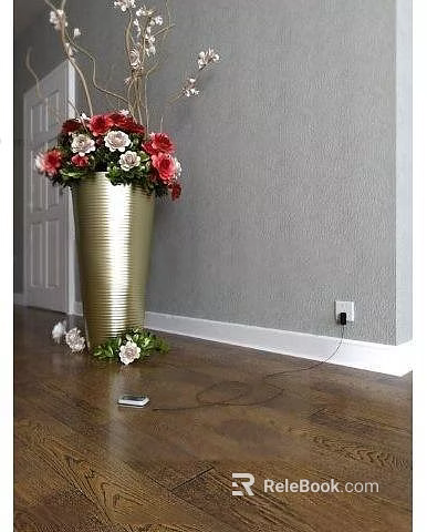 Golden Vase With Red And White Flowers On Wooden Floor Against Gray Wall 3d model 