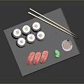 Delicious Sushi Rolls and Sashimi Slices with Chopsticks Soy Sauce and Wasabi