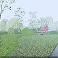 Park Landscape With Green Lawn Trimmed Shrubs Trees White Deer Sculpture Pathway And Evening Lighting