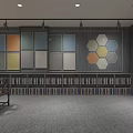 Material Showroom Interior with Shelves of Various Color Panels and Central Table Chairs