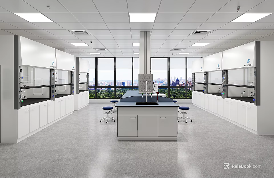 Spacious Laboratory Interior With Workbench Large Windows And City View 3d model