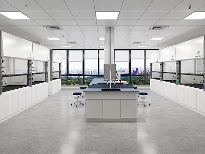 Spacious Laboratory Interior With Workbench Large Windows And City View 3d model
